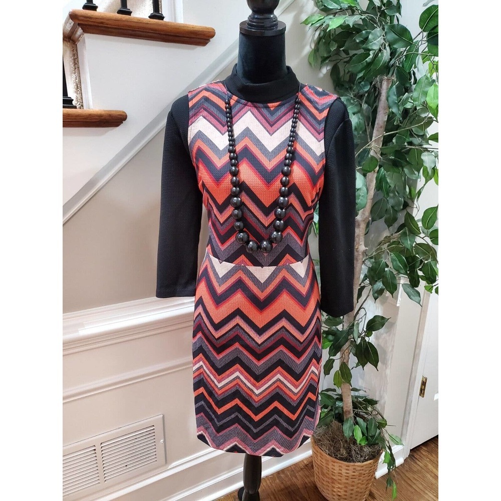 Eci NewYork Women Multicolor Polyester Mock Neck Long Sleeve Knee Length Dress L